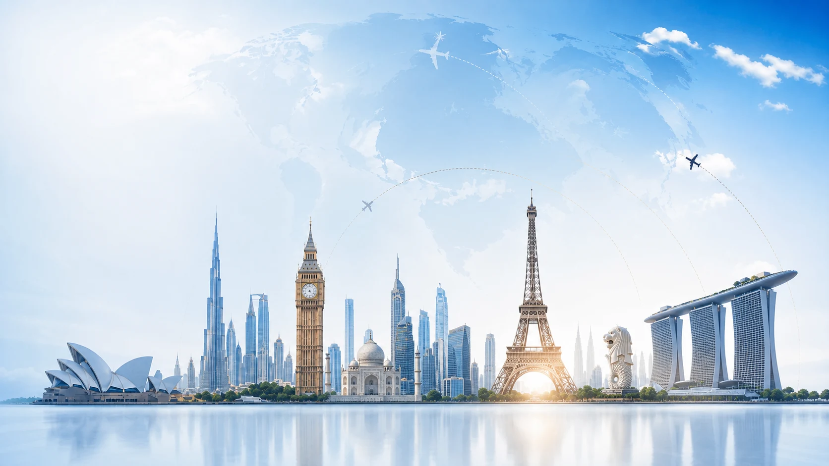 World map and skyline featuring landmarks from Dubai, London, India, Paris, Sydney and Singapore